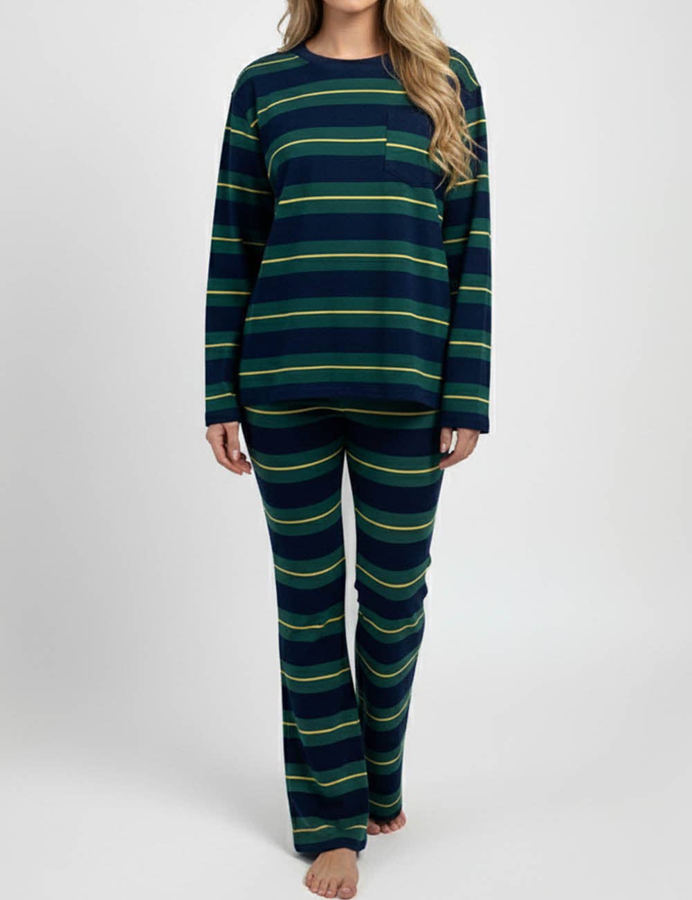 Green Ladies Striped Long Sleeves Flared Leg Top & Pants Set for wholesale on Faire0