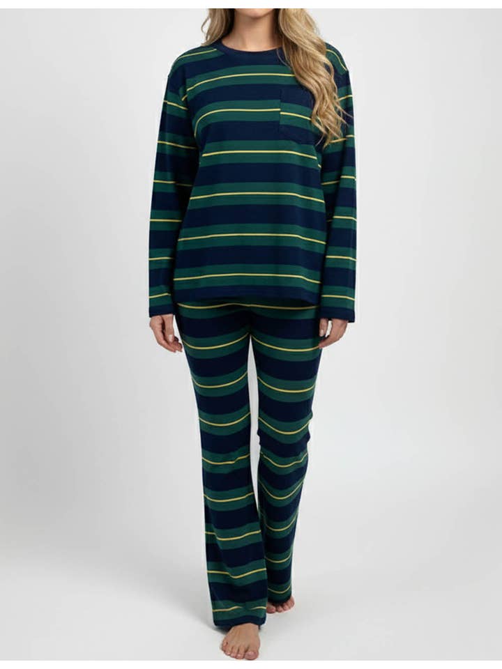 Green Ladies Striped Long Sleeves Flared Leg Top & Pants Set for wholesale on Faire