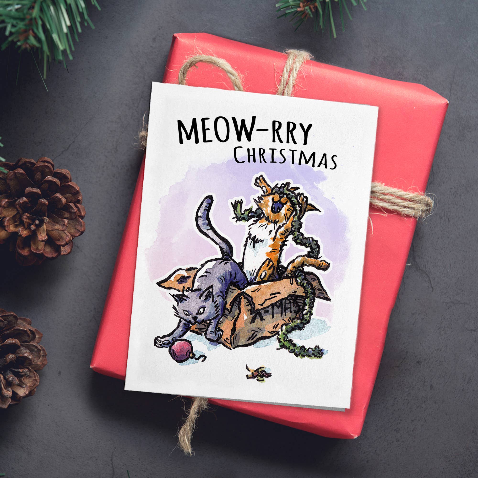 Aaron Millard Illustration - Vendita all'ingrosso Biglietti di auguri di Natale - «Meow-rry Christmas», simpatico biglietto di auguri per amanti dei gatti3