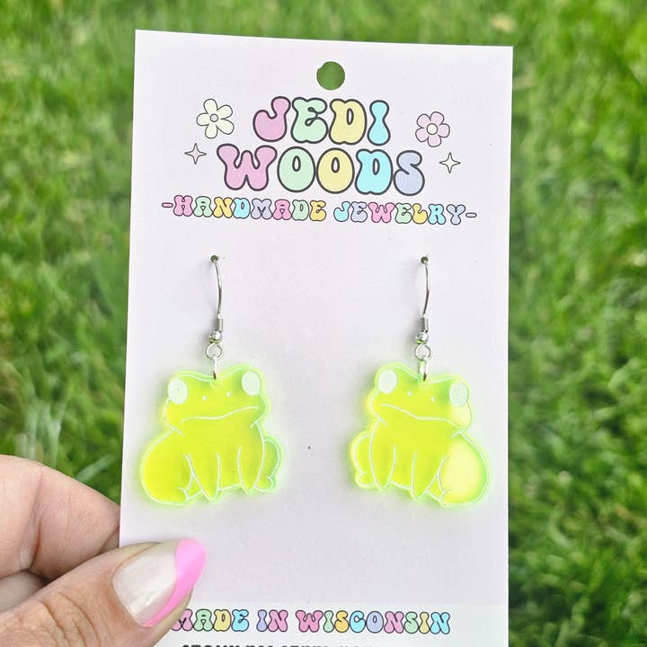 Black Light Florescent Frog Earrings for wholesale by Jedi Woods LLC