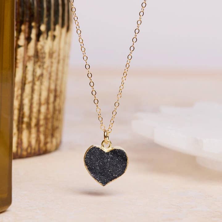 Druzy Black Heart Pendant Necklace on 14k Gold Filled Delicate Adjustable Cable Chain for wholesale by Soul & Little Rose