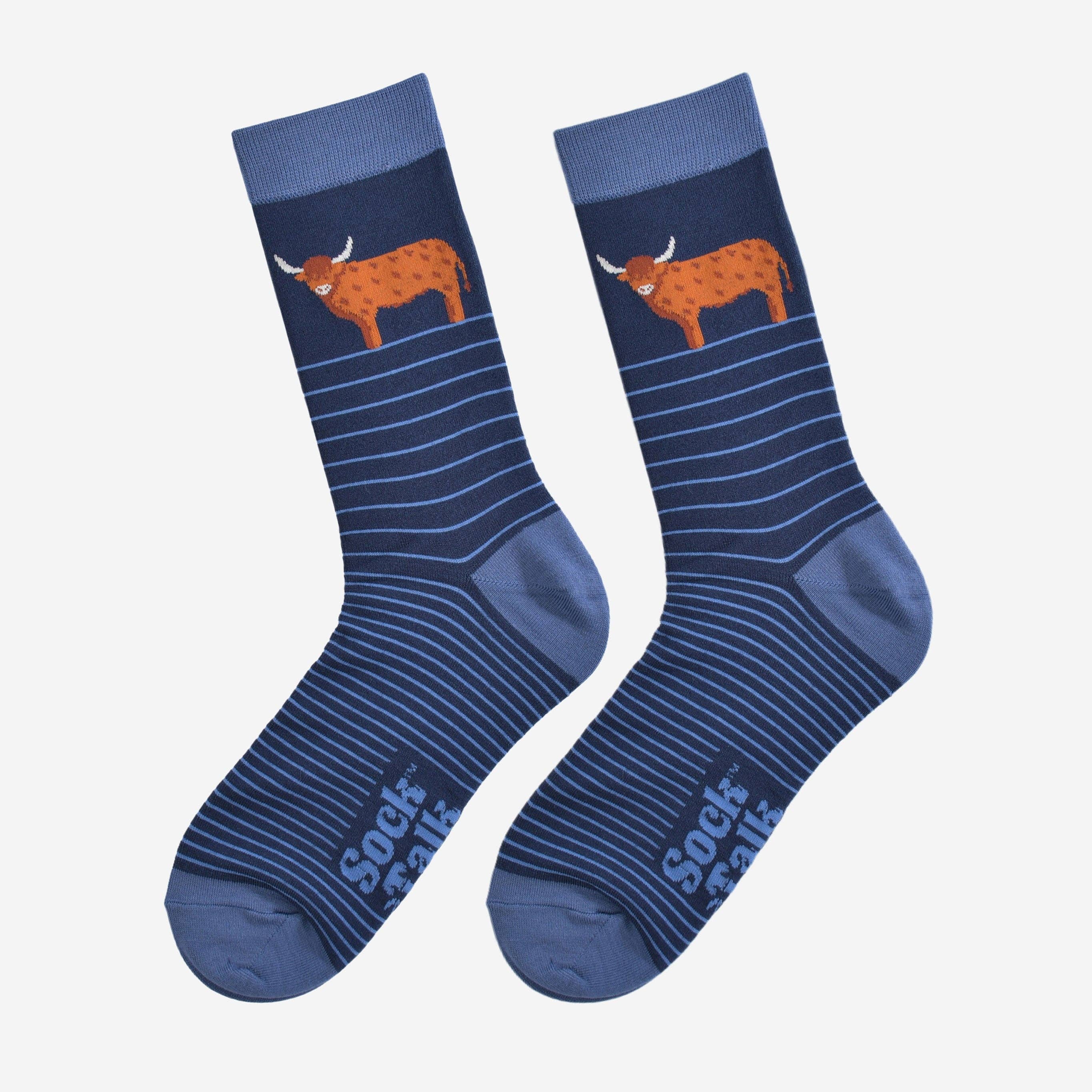 Sock Talk - Wholesale Socks - Men's - Men's Bamboo Socks - Navy Blue, Highland Cow Stripe1