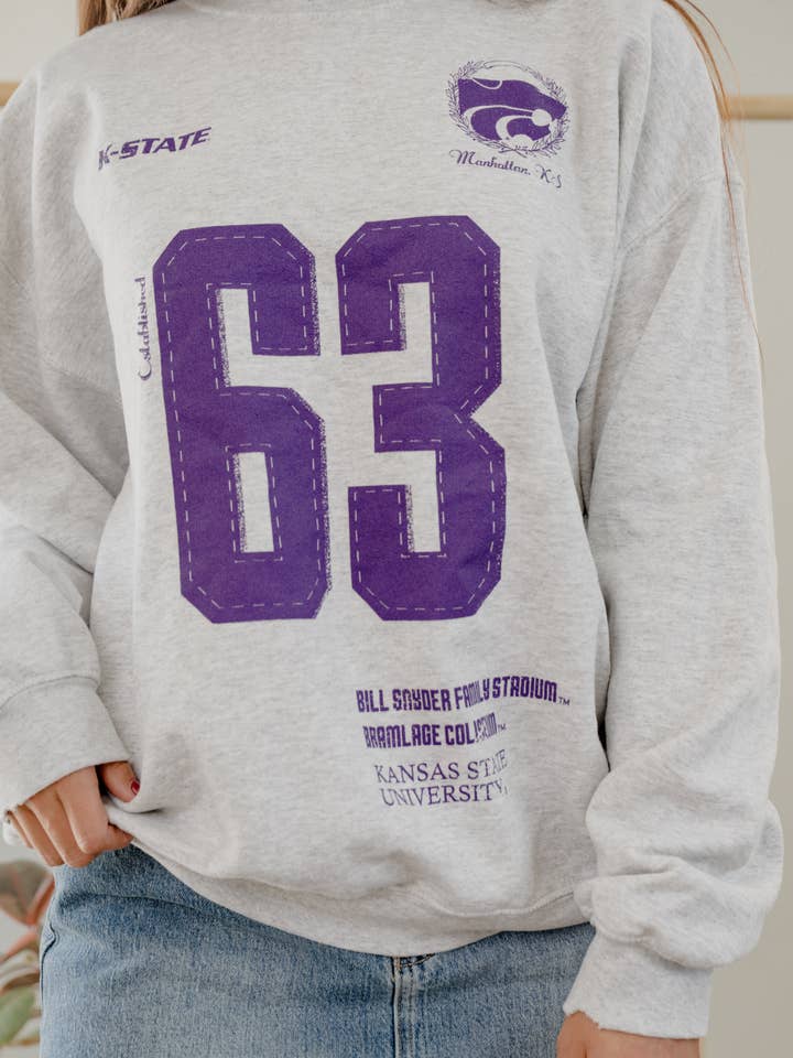 LivyLu - Wholesale Graphic Sweatshirt - Unisex - Kansas State Wildcats Crest Stamp Gray Thrifted Sweatshirt3