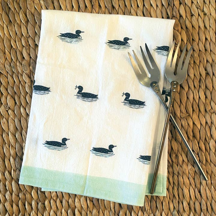 Swimming Loons with Aqua Stripe Tea Towel | 27 x 27" for wholesale by Independent Puppy