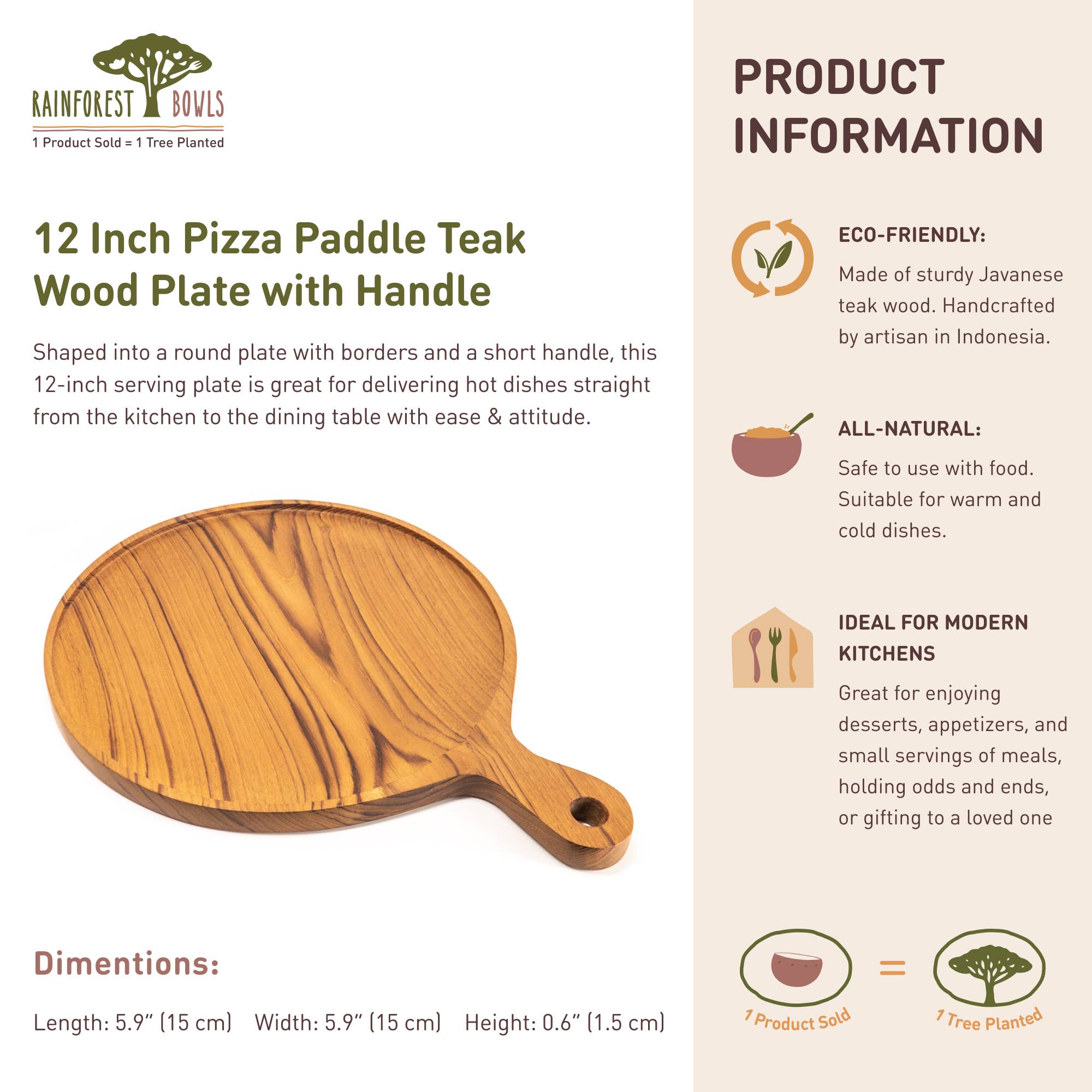 Rainforest Bowls - Wholesale Pizza Board - 12 Inch Teak Wood Pizza Board with Handle & Rim10