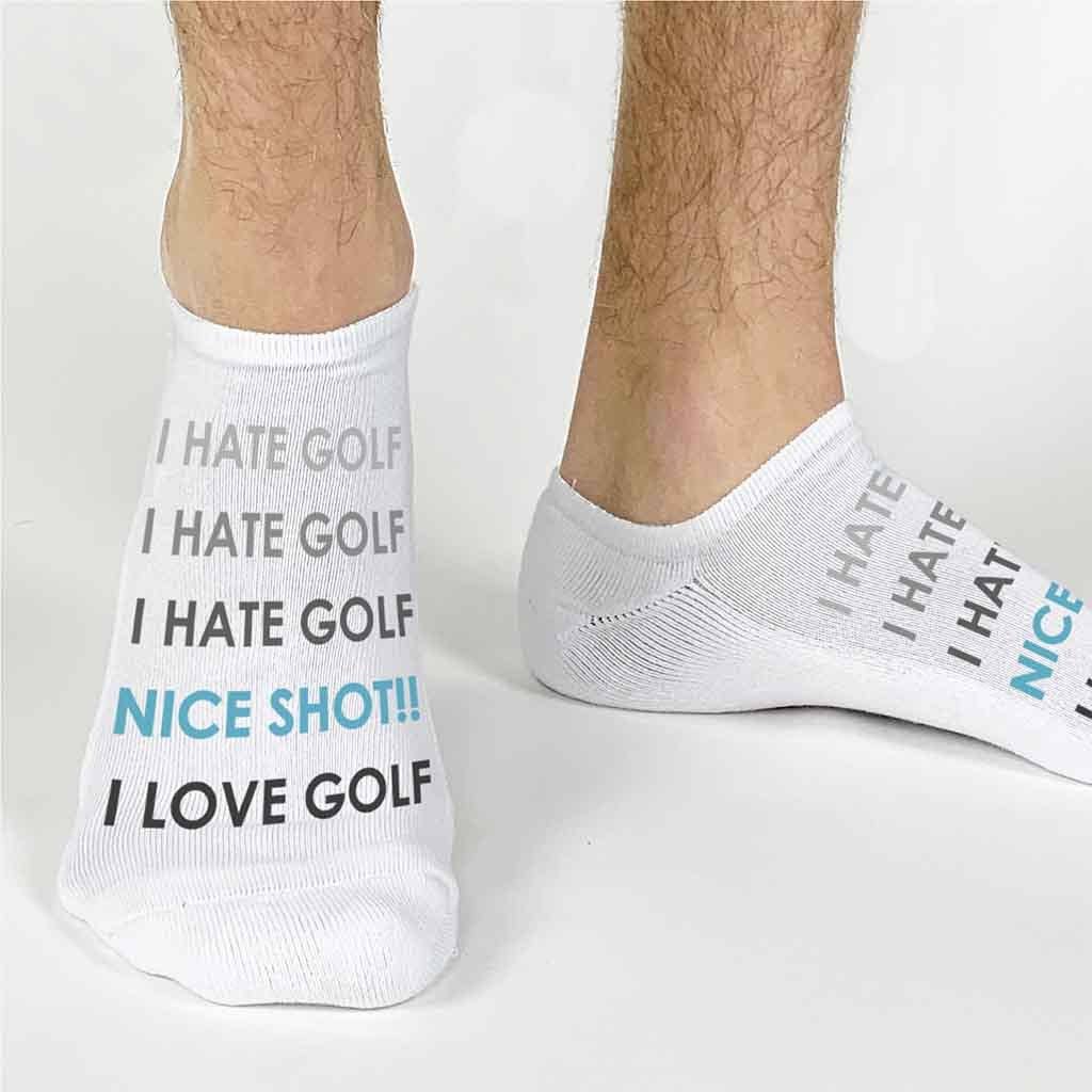White Funny Golf Socks - Love/Hate Golf No-Show Socks for wholesale on Faire