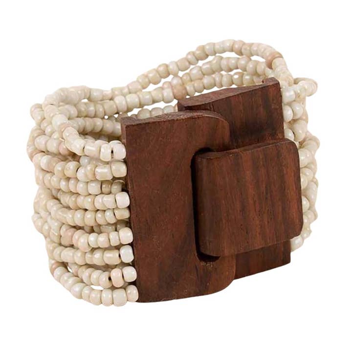 Bracelet en perles de verre de Bali avec boucle en bois pour la vente par Pink House Imports