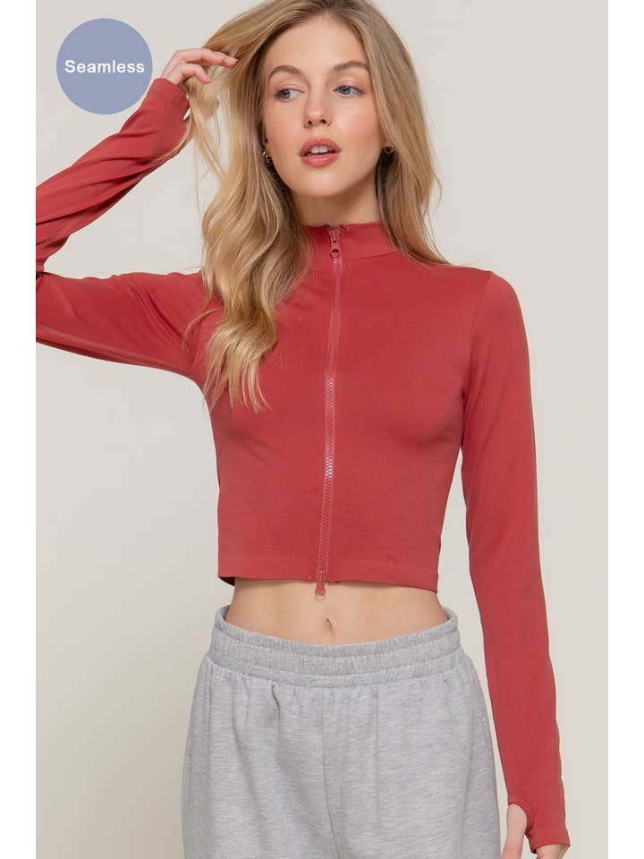 Active Basic | Active USA - Wholesale Athletic Top - Women's - Long Sleeve with Thumbholes Mock Neck Zip Up Seamless Top