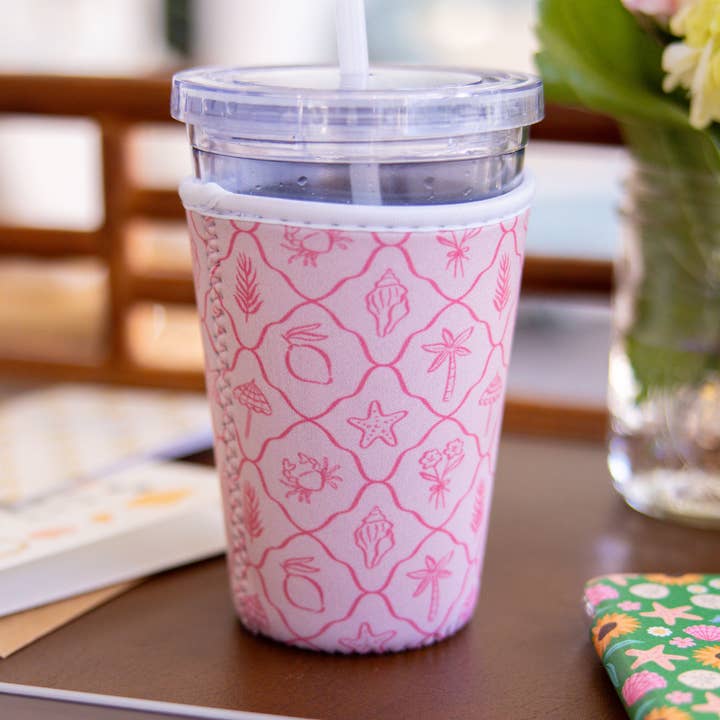 Pink Palm Summer | Reusable Coffee Sleeve for wholesale by Oak Shore Collective LLC