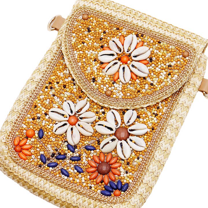 Orange Cowry Daisy Bohemian Artisan Beaded Crossbody Bag for wholesale on Faire