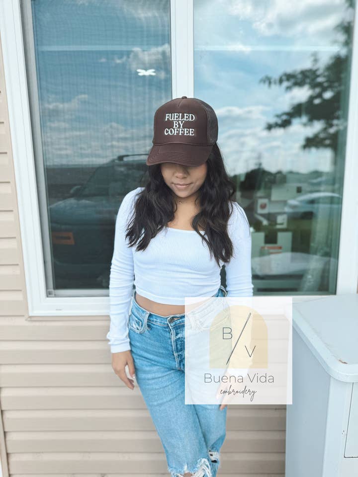 Fueled By Coffee Embroidered Hat, Custom Trucker Hat for wholesale by Buena Vida Embroidery LLC