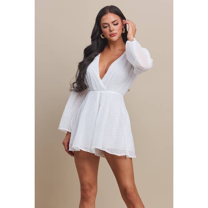 The Sang - Wholesale Romper - Women's - BELL SLEEVES WITH FEATHER TRIM DEEP V NECK ROMPER