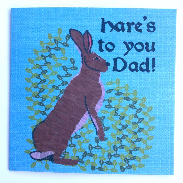 Hare’s To You Dad Card – Embroidery Style Hare Pun for wholesale by Giverly of Dunbar Greeting Cards