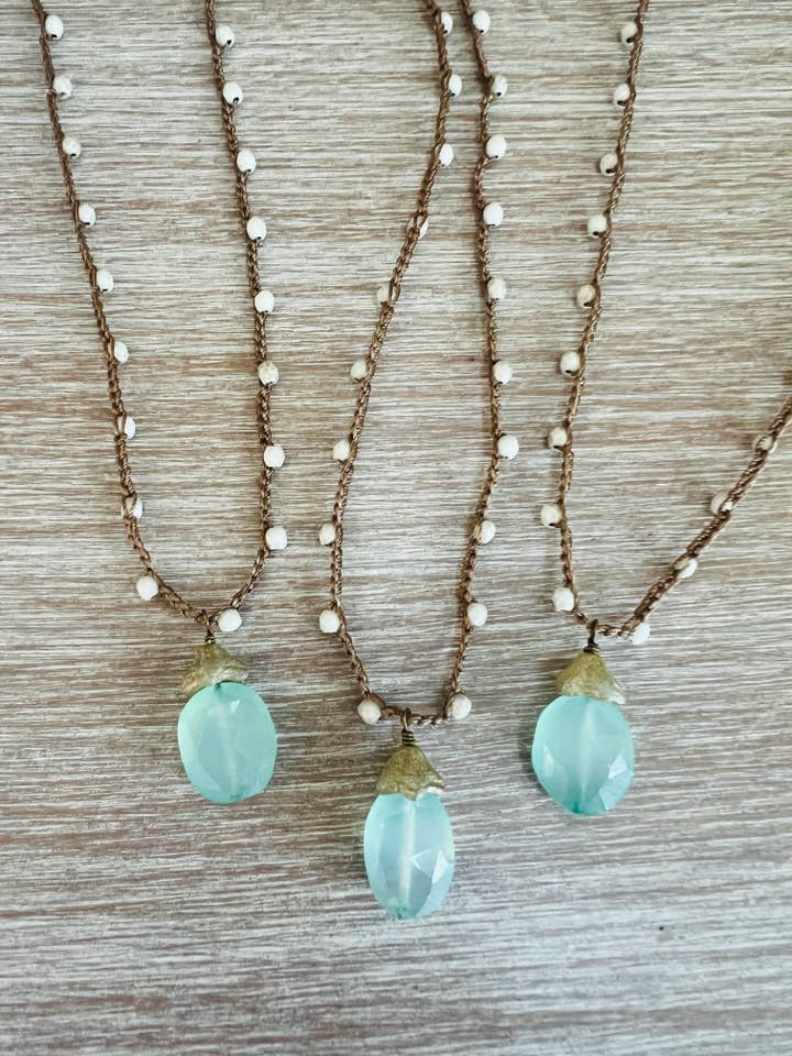 Chalcedony Dew Drop Necklace With Frosty White Crystal for wholesale by Twist Style