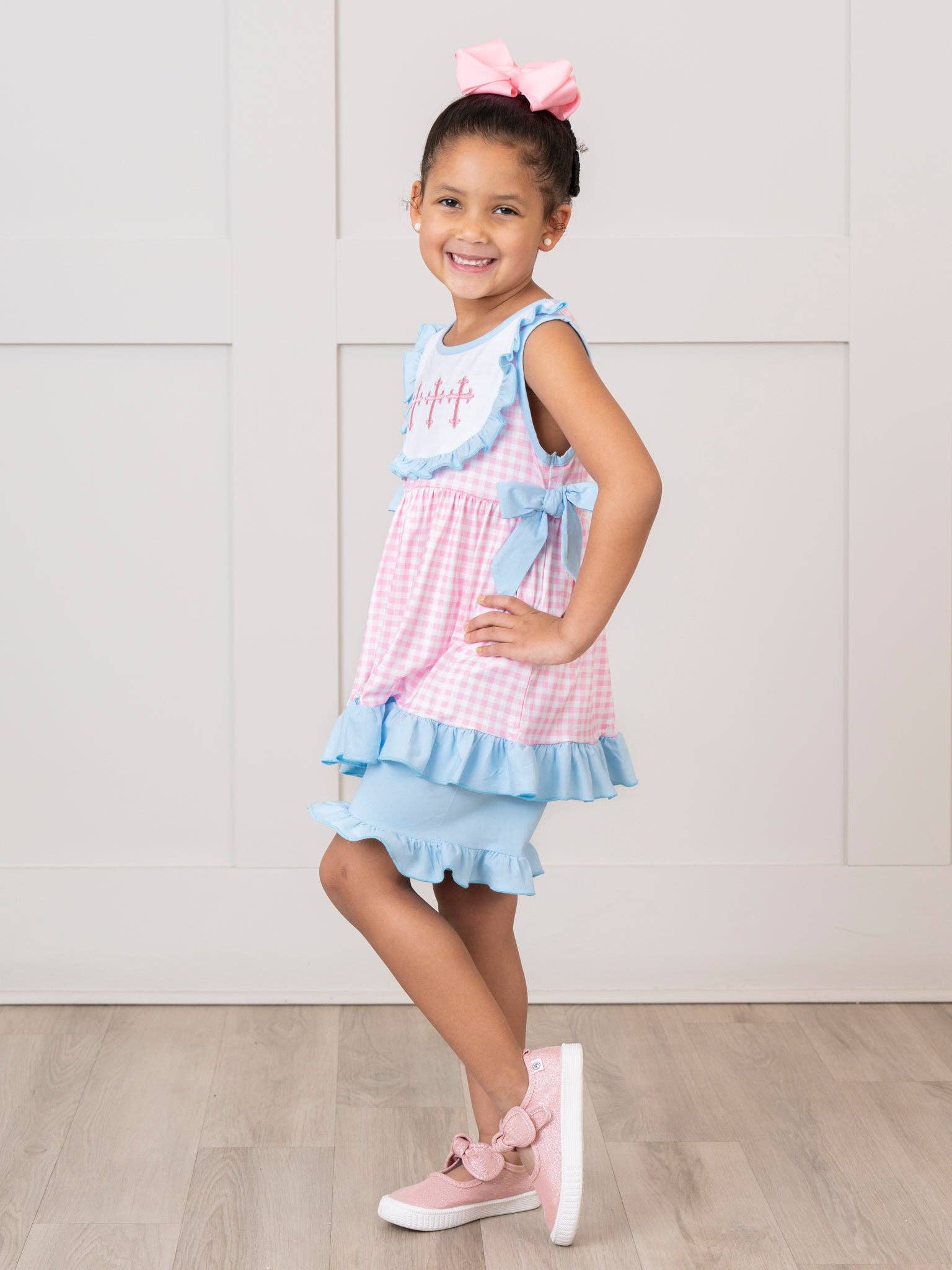 Marie Nicole Clothing - Wholesale Top & Short Set - Kids - Blue & Pink Gingham Cross Ruffle Outfit4