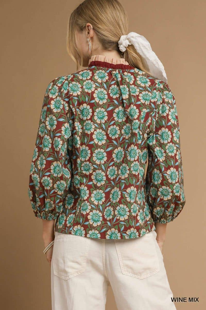 Vanilla Monkey - Wholesale Blouse - Women's - Floral Ruffle Trim Blouse With 3/4 Sleeves2