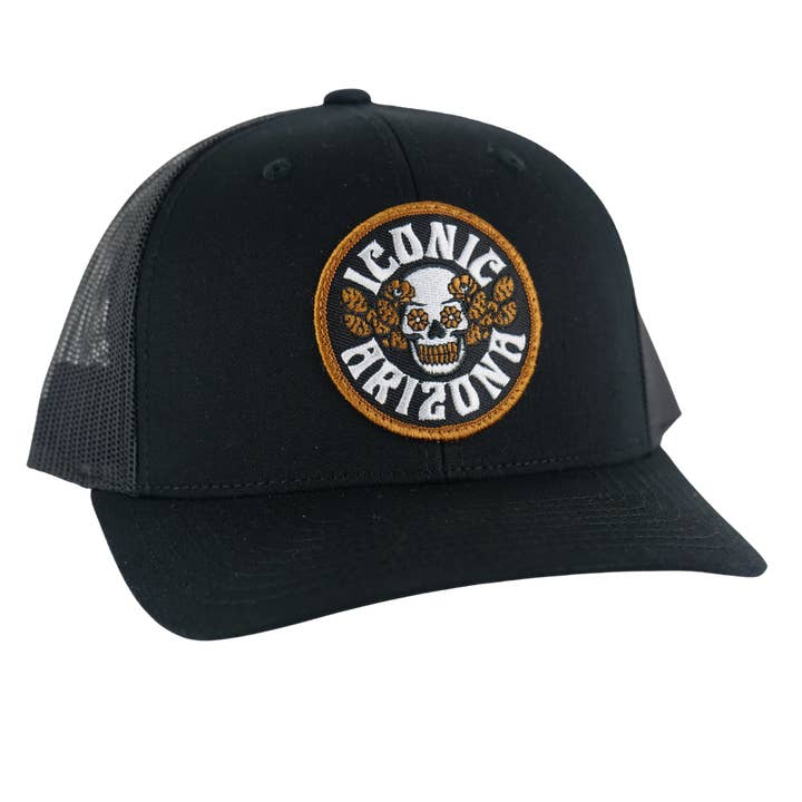 Skull and Desert Roses Curved Trucker - Black for wholesale by Iconic Arizona