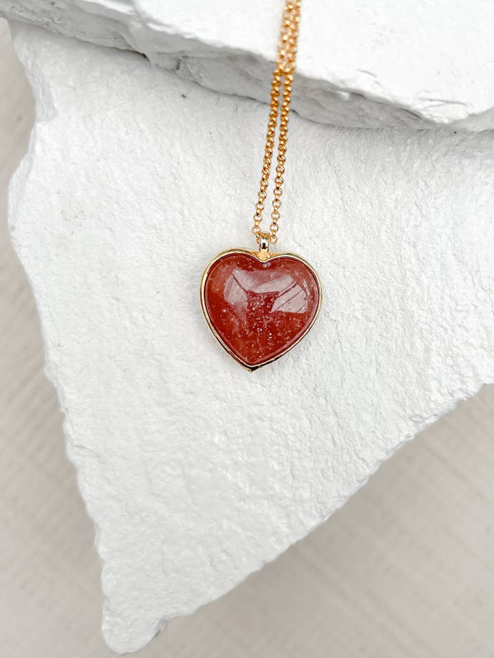 Strawberry Quartz Puff Heart Gold Plated Necklace for wholesale by Roc Jewellery