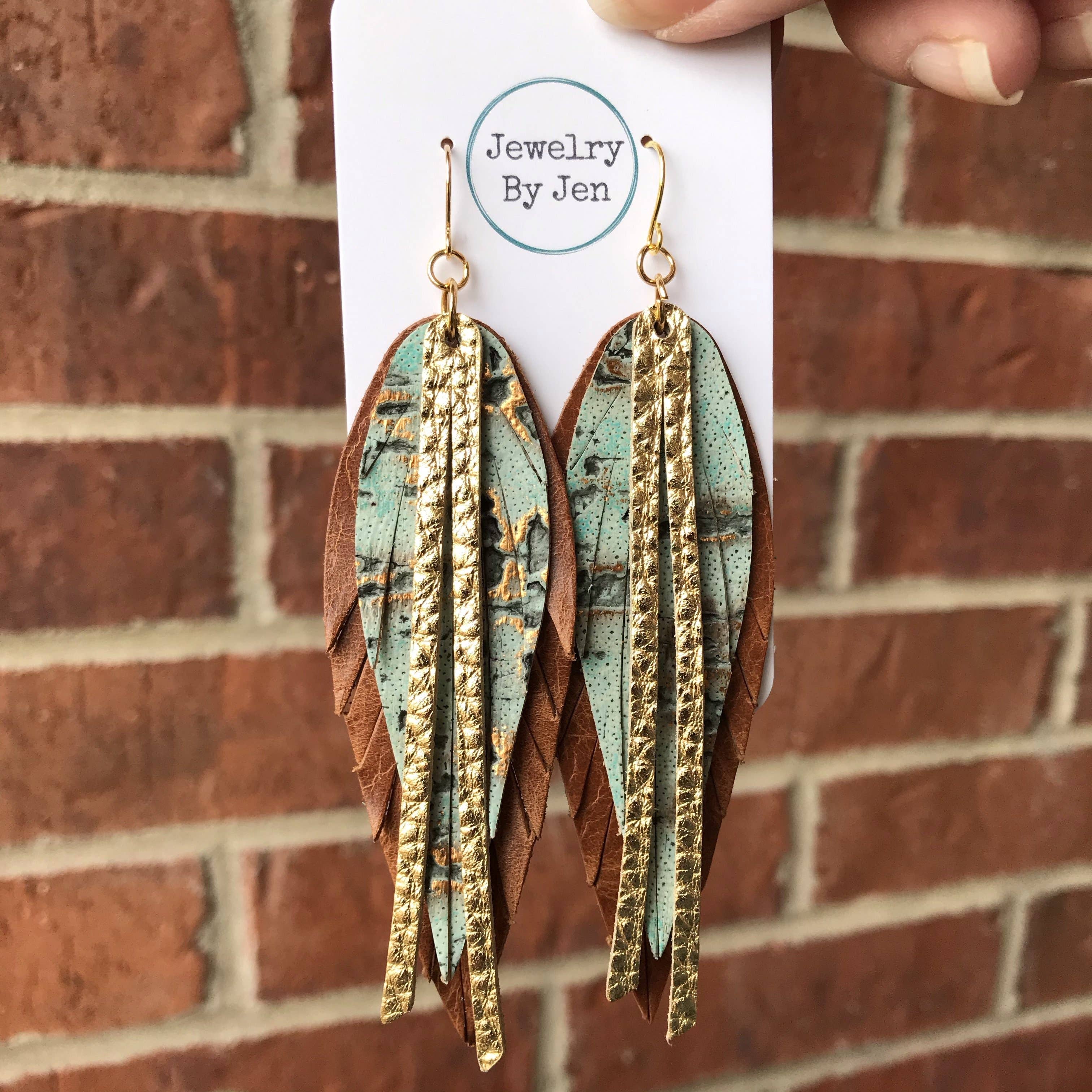 Jewelry By Jen - Wholesale Dangle Earrings - Narrow Fringe Feather Earrings: Gold/Cognac/Turq. Wildwood2
