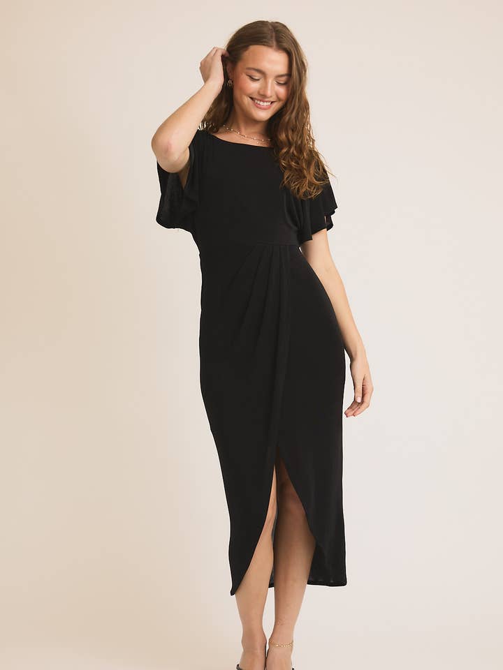 Black SHORT SLEEVE BACK SURPLICE TIE PLEATED WRAP RIB MIDI DRESS for wholesale on Faire0