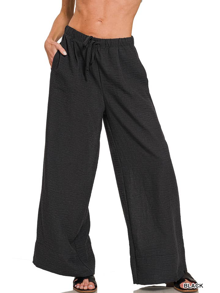 42POPS - Wholesale Pants - Women's - `.Elasticband Waist Wide Pants W/ Pockets1