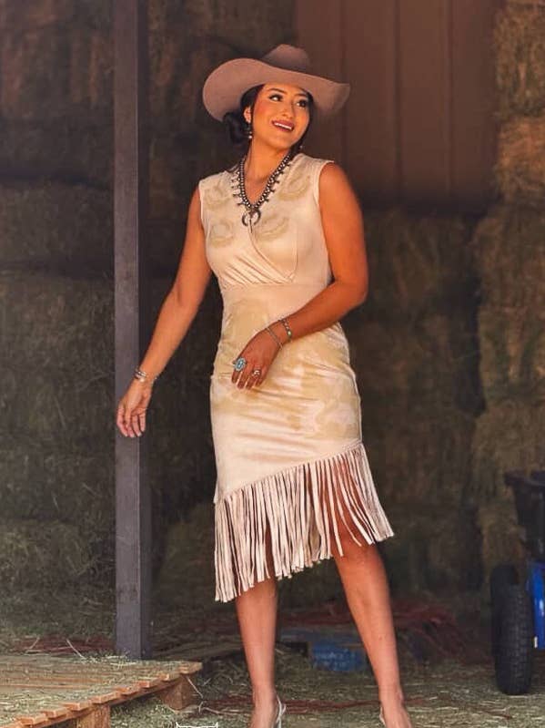 Cream Stretch Suede Horse Printed Wrap Fringe Dress for wholesale by LUCKY & BLESSED