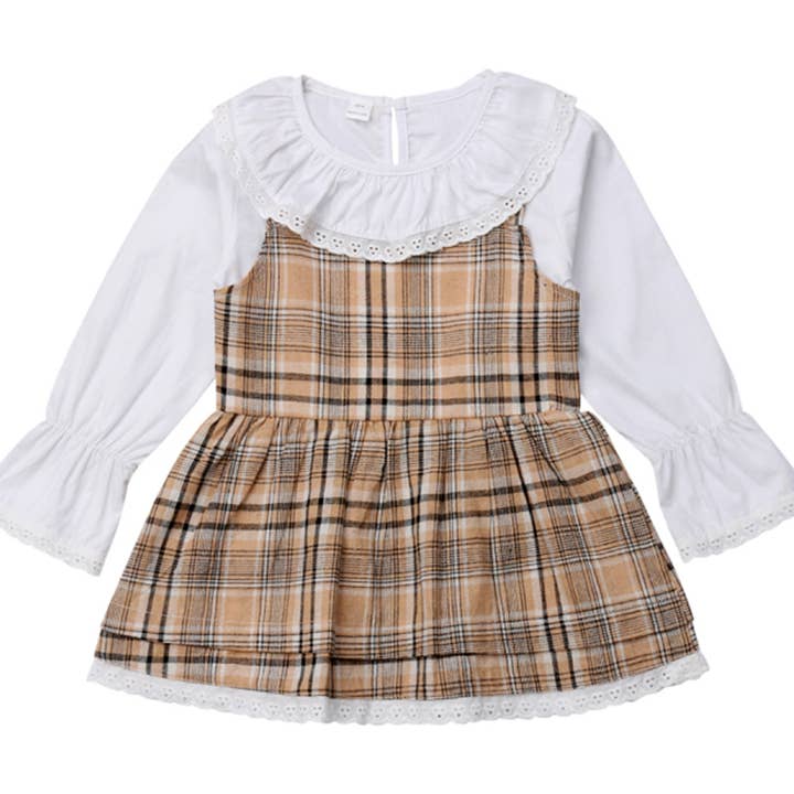 Robe pour fille en coton et coton à empiècement à volants et à œillets en tartan blanc et beige pour la vente par Fennco Styles