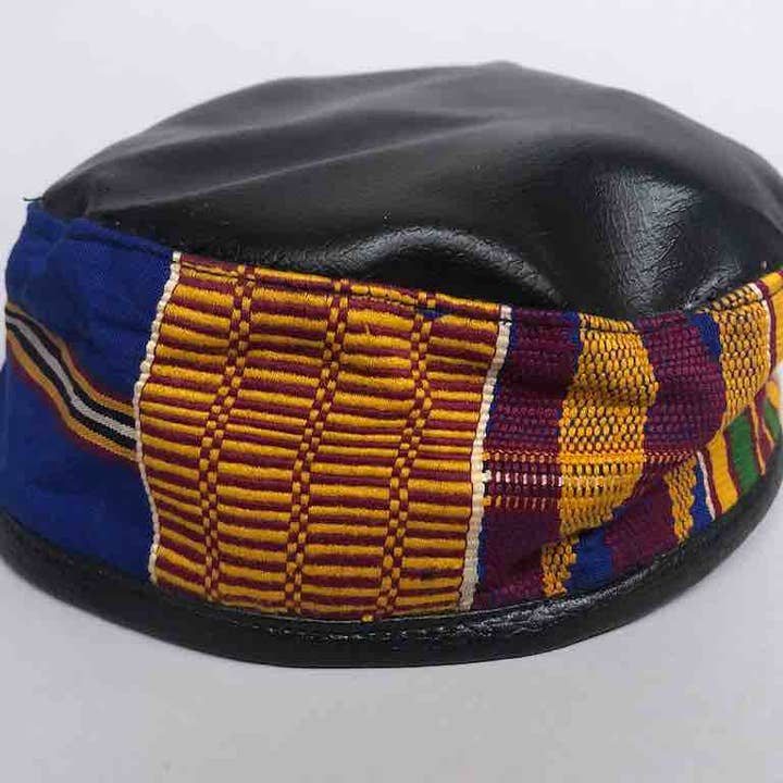 The Niger Bend - Vente Casquette de baseball – unisexe - Tissu Kente bleu Ashanti véritable simili cuir Kufi africain5