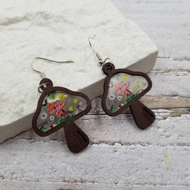 Treasure Wholesale - Wholesale Dangle Earrings - Wood Mushroom Earrings