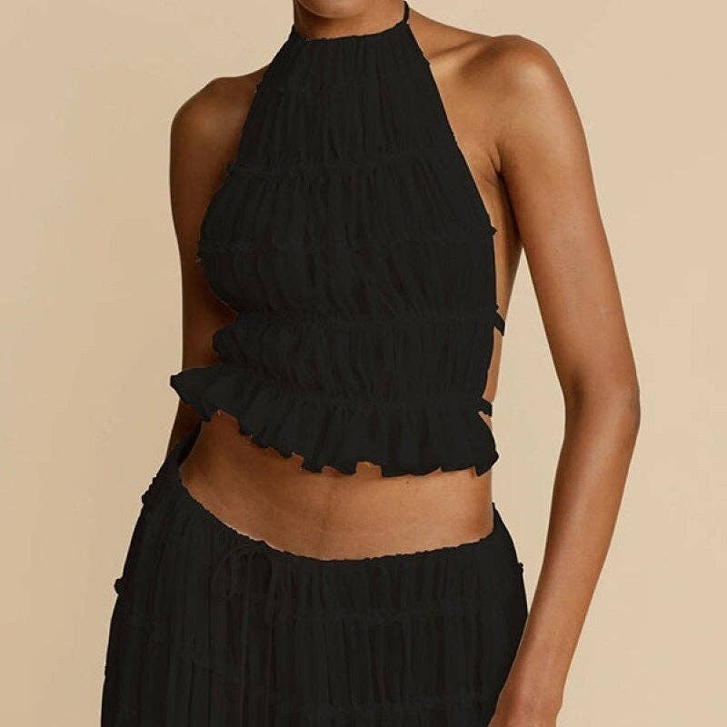 FurDecoration – wholesale Top & skirt set – Women's – Solid Color Backless Hanging Neck Halter Dress Set0