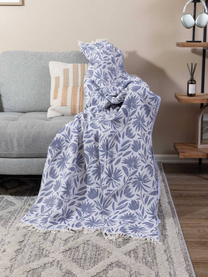 Whimsical Flower Organic Reversible Muslin Blanket, Navy
for wholesale by InfuseZen