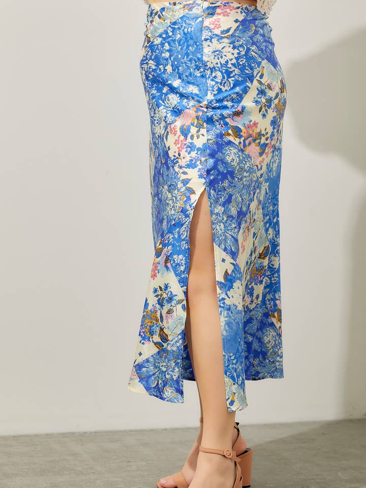 BLUE MULTI SATIN PRINT BIAS MAXI SKIRT for wholesale on Faire