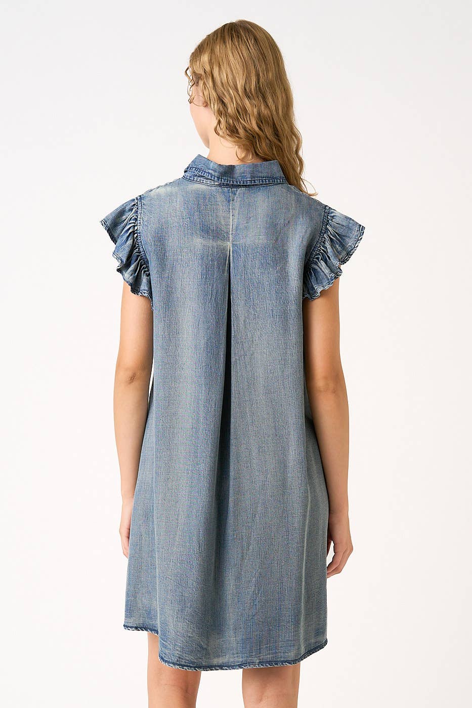mittoshop - Wholesale Dress - Women's - WASHED CHAMBRAY RUFFLE SLEEVE BUTTONED MINI DRESS8