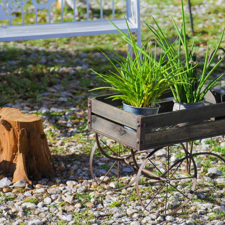 Zeckos - Wholesale Plant Pot Stand - 24 Inch Rustic Black Wood & Metal Wagon Plant Stand