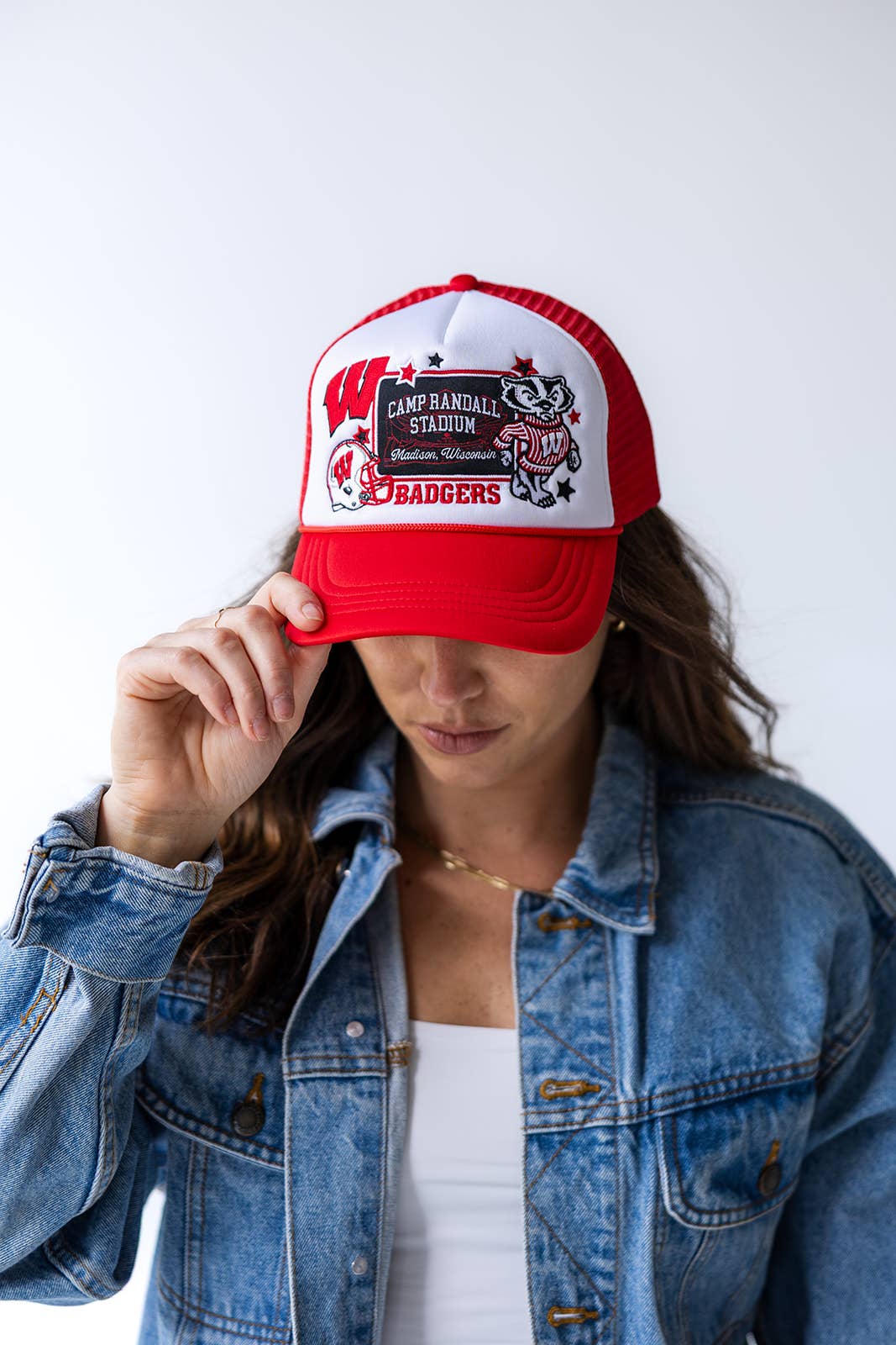 WHITETRUERED Wisconsin Layer Patch Foam Trucker Hat for wholesale on Faire0