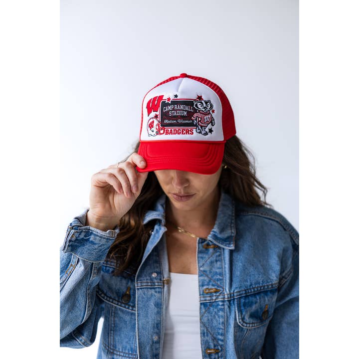 WHITETRUERED Wisconsin Layer Patch Foam Trucker Hat for wholesale on Faire