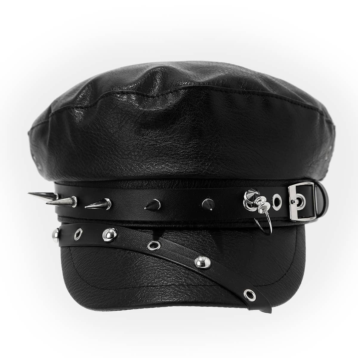 ACCITY - Wholesale Baseball Cap - Women's - Punk Leather Flat Top Cap Studded Army Hat_CWAH046300