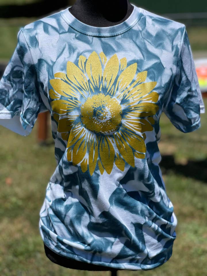 Gold Shimmer Sunflower on Indigo Air Brushed Completed Tee for wholesale by Crowley's Creations, LLC