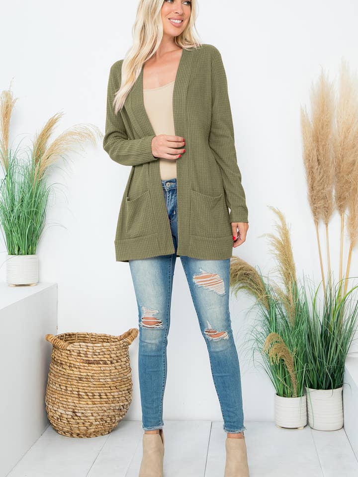 BRUSHED WAFFLE LONG SLEEVE SIDE POCKET OPEN FRONT CARDIGAN for wholesale by You & Me