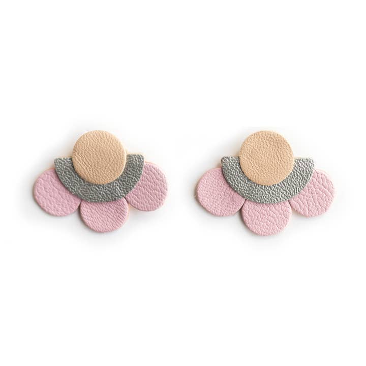 Big Flower Stud Earrings – Beige, Silver and Pink Leather for wholesale by Chenoha Studio