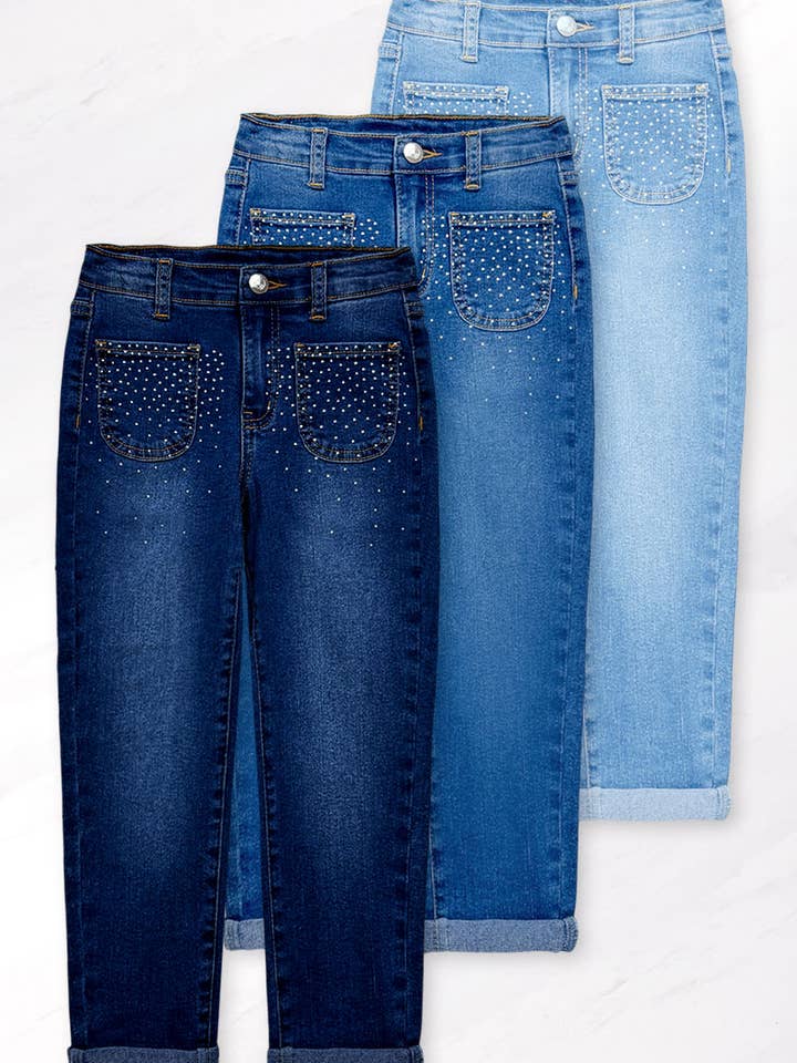 BB-GDP-25-89439B Jean en denim coupe régulière pour fille avec strass pour la vente par BonnieBianca
