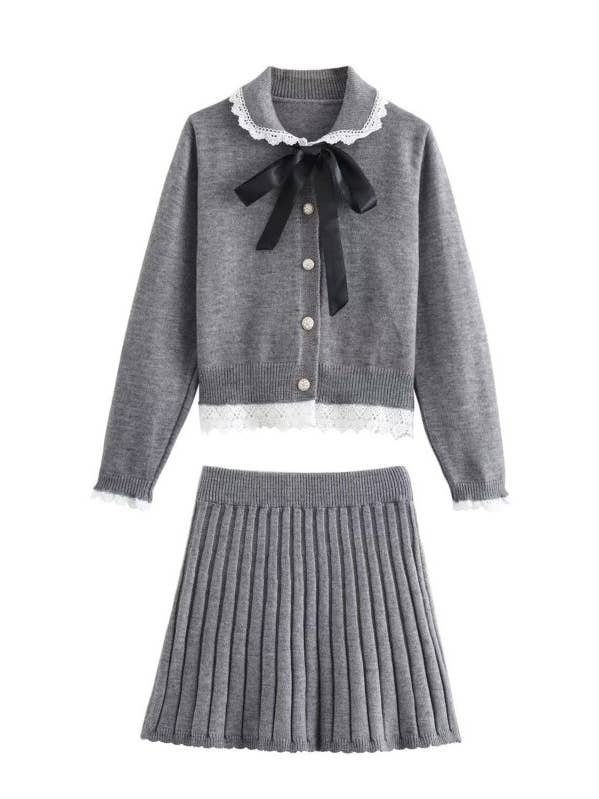 Ribbon Lace Trim Knit Top and Skirt Set for wholesale by THE WIZ