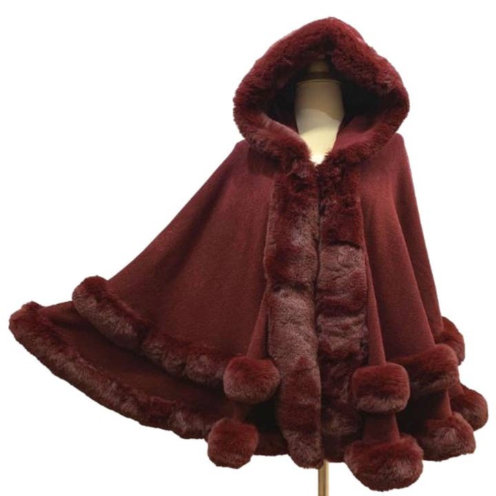 Madeline Love - Vendita all'ingrosso Poncho - Donna - Elegante poncho Ruana in maglia con bordo in pelliccia sintetica a 2 file