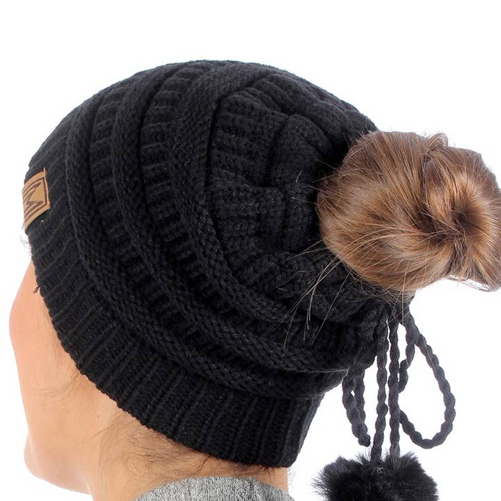 Fashion City - Wholesale Beanie – Women's - Women's Ponytail Adjustable Pom String Knit Hat18
