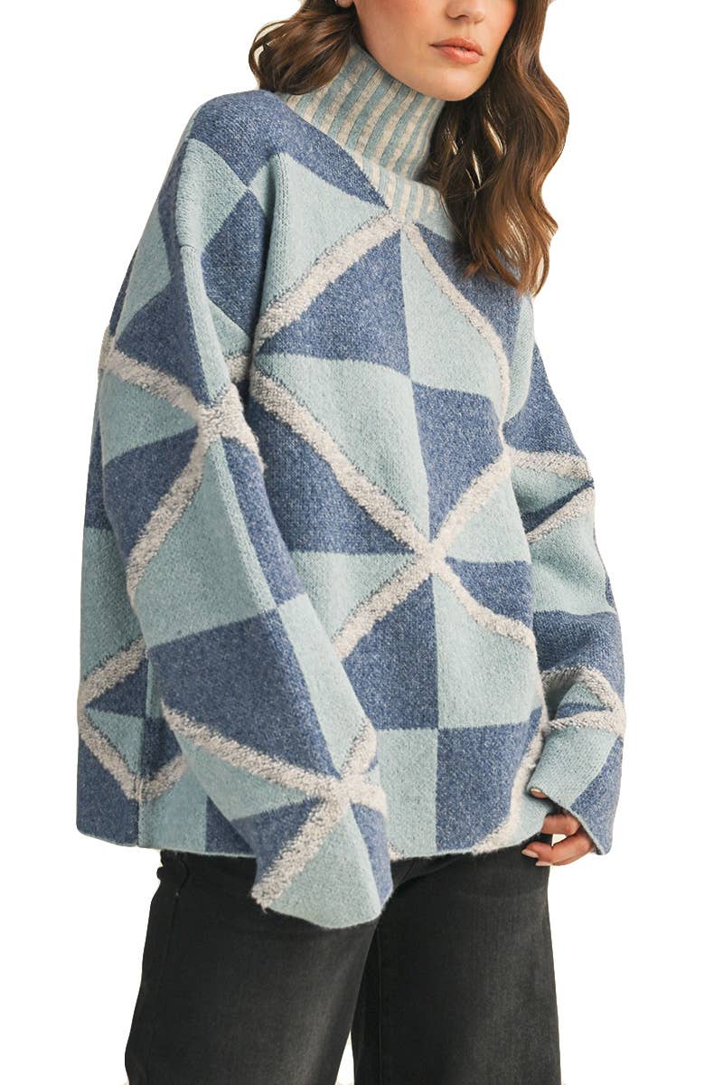 Vanilla Monkey - Wholesale Knit Sweater - Women's - Boucle Geo Pattern High Collar Sweater2