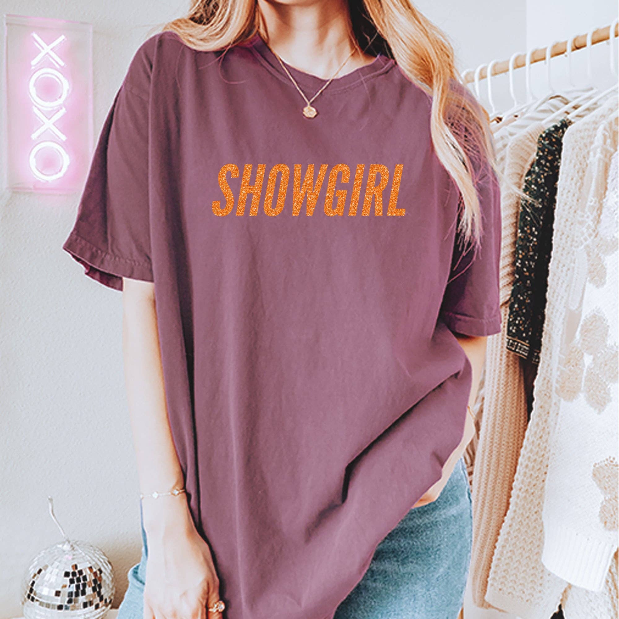 Expression Tees - Vente T-shirt sérigraphié – femme - T-shirt unisexe vintage doux à paillettes orange Showgirl12