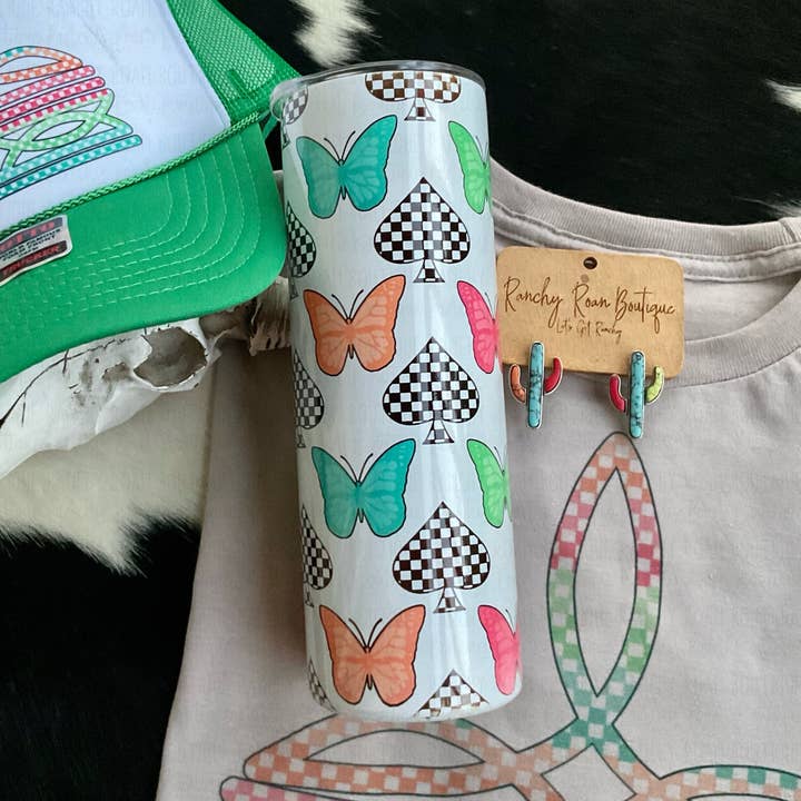 Retro Checked Butterfly Western 20oz Skinny Shimmer Tumbler for wholesale by Ranchy Roan Boutique