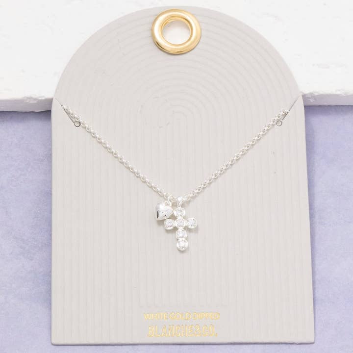 Gold Dipped Cz Cross And Heart Pendants Necklace for wholesale by Fame Accessories