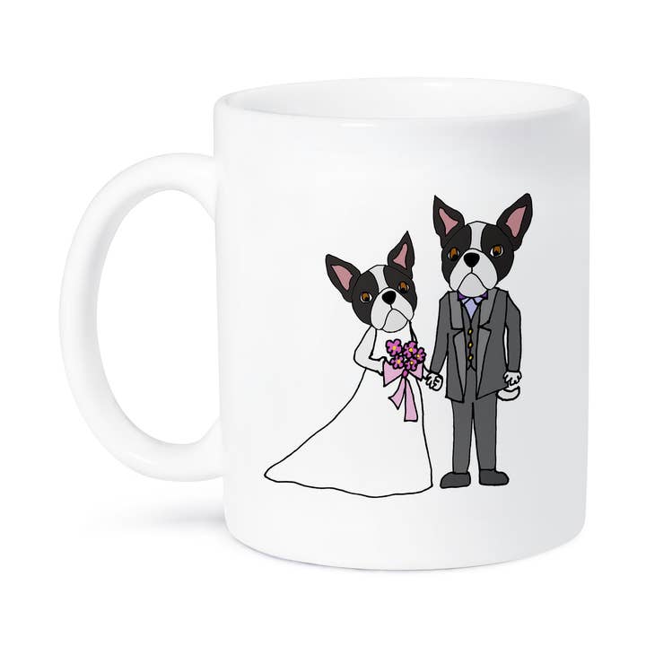 3dRose, Funny Boston Terrier Dog Bride and Groom Wedding Cartoon Marriage, Mug for wholesale by 3dRose