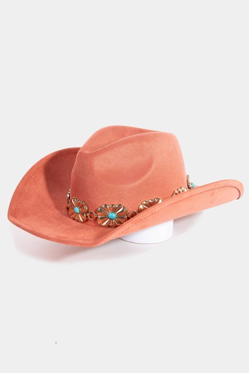 Collections by Fame Accessories – wholesale Fedora – Women’s – Turquoise Stud Rectangular Concho Chain Western Cowboy Hat4